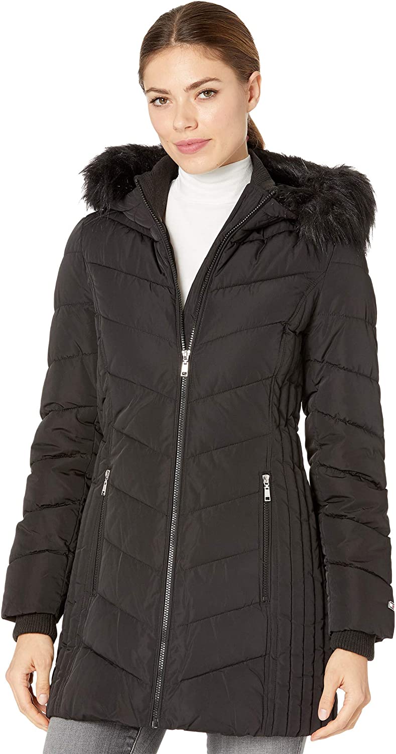 Tommy Hilfiger Women's Mid Length Down Fill Coat with Faux Fur Trim Hood