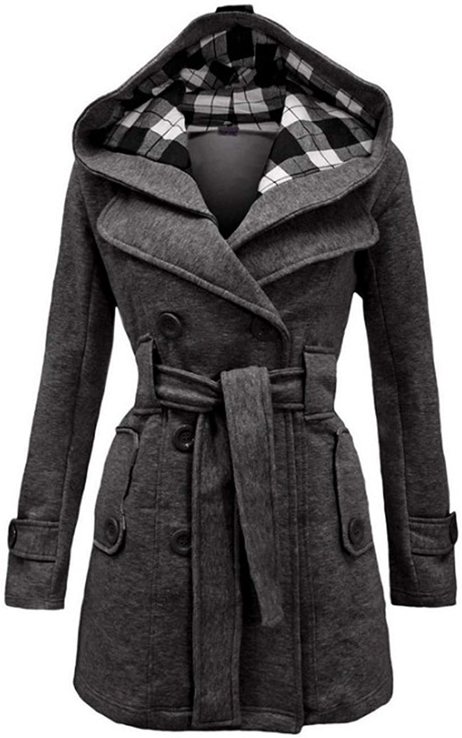 Hemlock Women Plaid Hooded Coat Winter Double Breasted Jacket Wool Trench Coat Pea Coat Slim Hooded Outwear Top