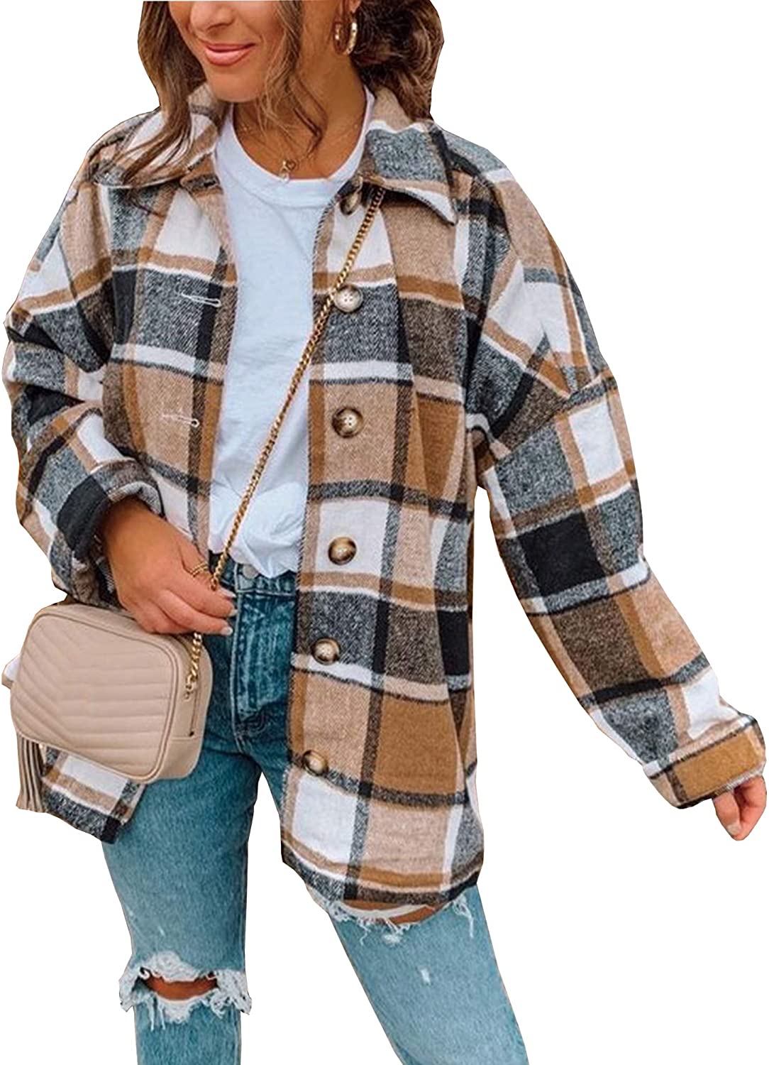 Hixiaohe Women's Casual Wool Blend Plaid Shirt Jacket Loose Button Down Shacket Coat