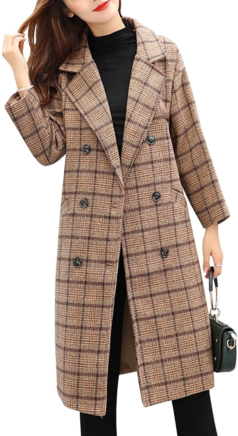 Tanming Women's Double Breasted Long Plaid Wool Blend Pea Coat Outerwear