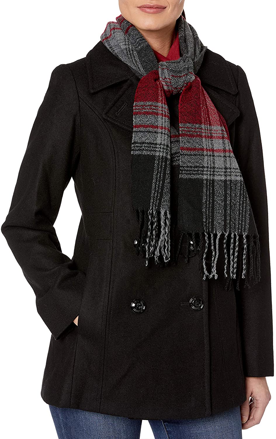 LONDON FOG Women's Double Breasted Peacoat with Scarf